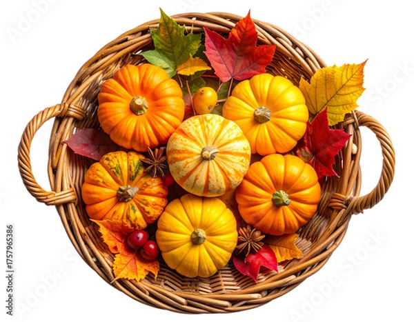 Obraz Autumn Harvest Basket Filled with Pumpkins, Gourds, and Fall Leaves, Top-Down View, Isolated on Transparent Background 