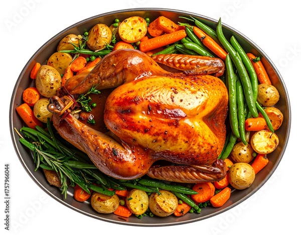 Obraz Golden Roasted Whole Turkey with Vegetables and Gravy, Top-Down Flat Lay, Isolated on Transparent Background