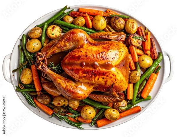 Obraz Golden Roasted Whole Turkey with Vegetables and Gravy, Top-Down Flat Lay, Isolated on Transparent Background
