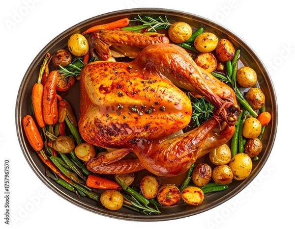 Obraz  Golden Roasted Whole Turkey with Vegetables and Gravy, Top-Down Flat Lay, Isolated on Transparent Background 