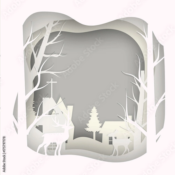 Fototapeta Vector paper cut deer in pine forest for Christmas background New Year card design.
