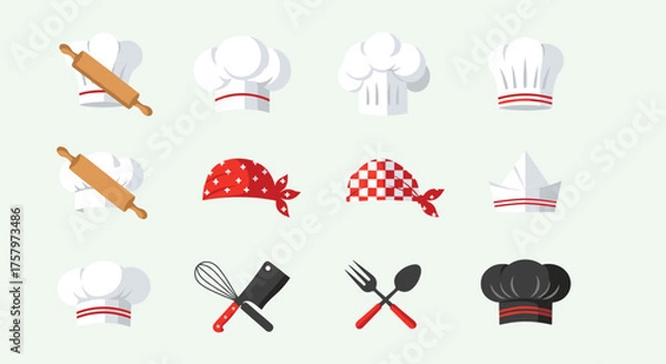 Fototapeta Culinary icons for chefs and bakers, including hats, cooking tools, and more for restaurant branding and promotional design projects with a cooking theme