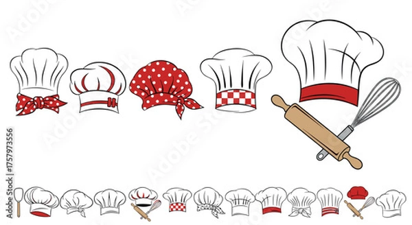 Fototapeta Delightful collection of chef hats and baking tools for culinary designs and restaurant promotions, adds a touch of fun to your food-related projects