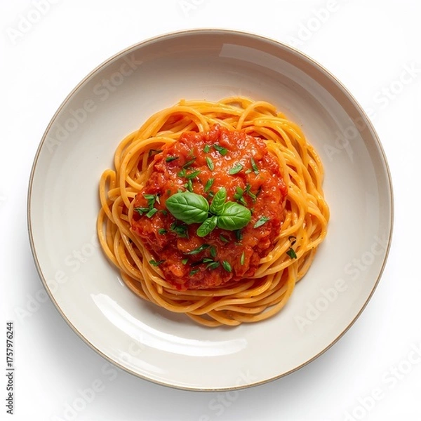 Obraz Pasta plate with tomato sauce and basil isolated on white background