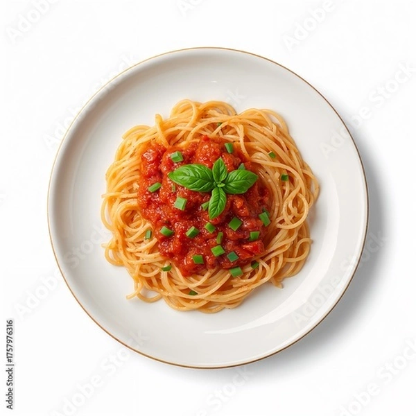 Obraz Pasta plate with tomato sauce and basil isolated on white background