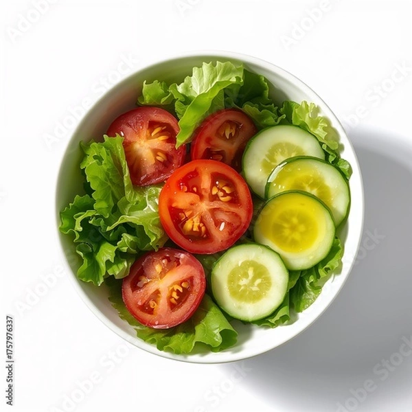 Obraz Bowl of fresh salad with lettuce, tomato, cucumber, and olive oil isolated on white background.