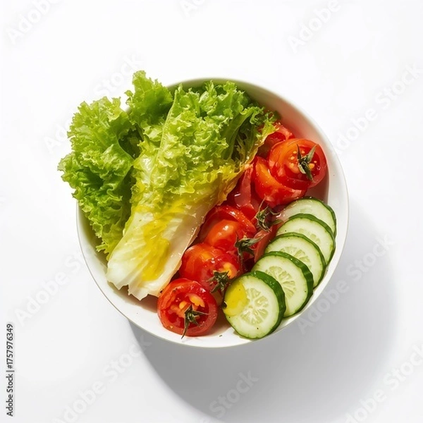 Obraz Bowl of fresh salad with lettuce, tomato, cucumber, and olive oil isolated on white background.