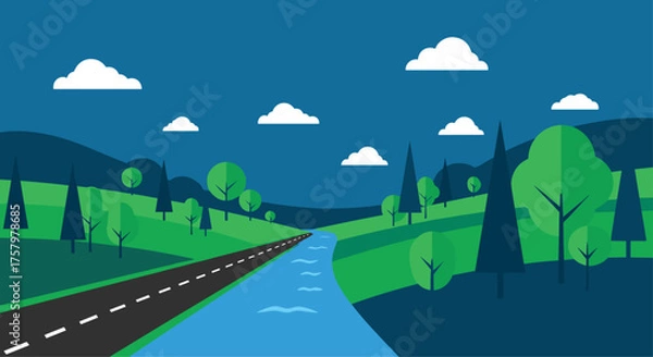 Fototapeta Serene landscape unfolds with a winding road beside a vibrant blue river, inviting journey and exploration through lush green hills under a sky dotted with fluffy clouds