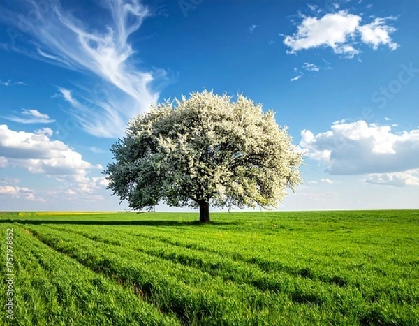 Obraz Solitary Tree in a Green Field Under a Blue Sky.