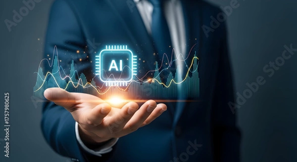 Fototapeta Businessman presents AI chip with futuristic data analytics and glowing light