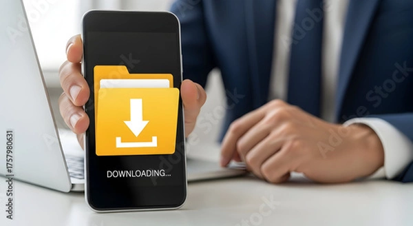 Fototapeta Businessman downloading files on smartphone, modern office setting