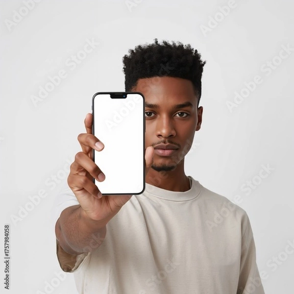Obraz Person holding smartphone with blank screen isolated on white background