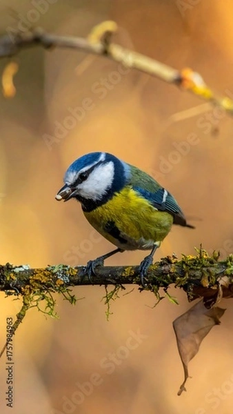 Fototapeta Vivid close-up of a small bird perched on a mossy branch