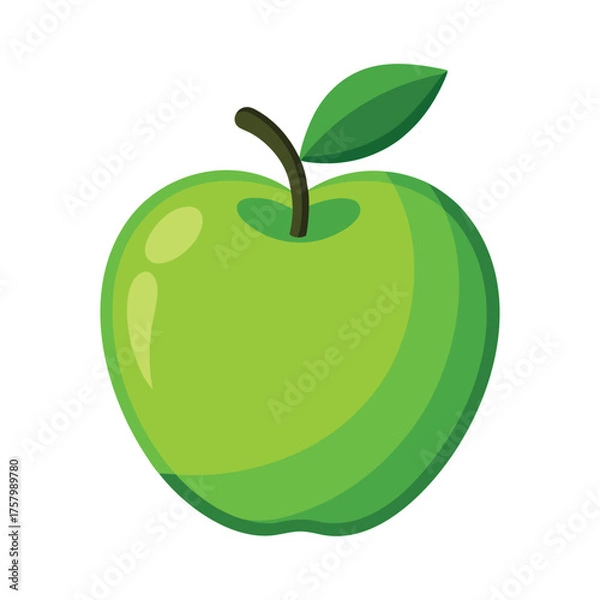 Fototapeta A vibrant green apple with a glossy skin, a small brown stem, and a single green leaf, isolated on white background, showcasing freshness and natural beauty