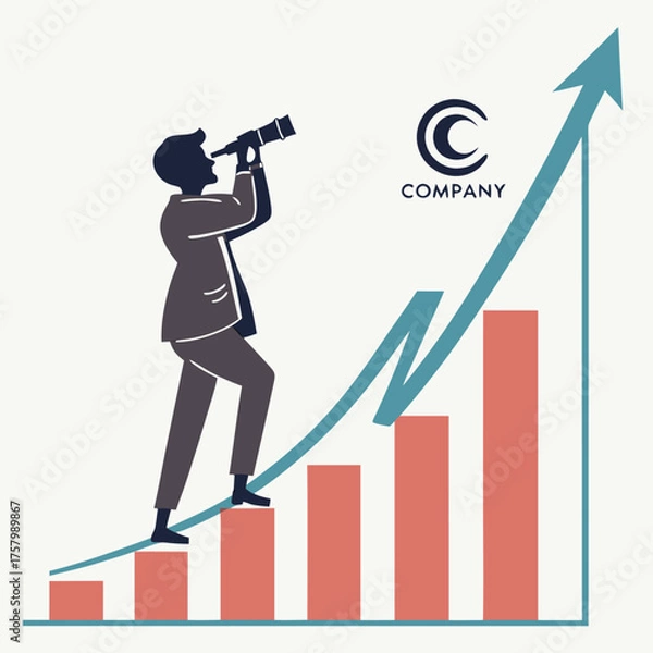Fototapeta Visionary's Ascent: An illustrated businessperson gazes intently through a telescope, strategically positioned on a rising bar graph, symbolizing foresight, growth and strategic planning. 