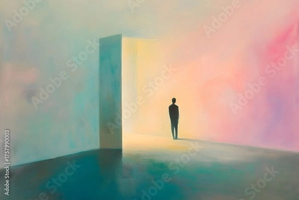 Fototapeta Solitary person standing in brightly lit doorway contemplating future opportunities and choices