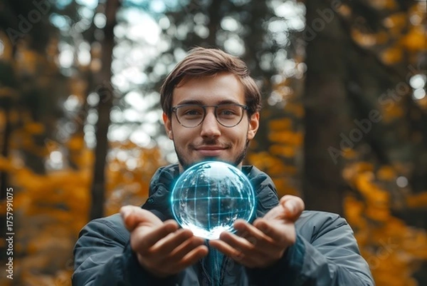 Fototapeta Man holding a glowing earth globe in his hands surrounded by autumn forest nature symbolism