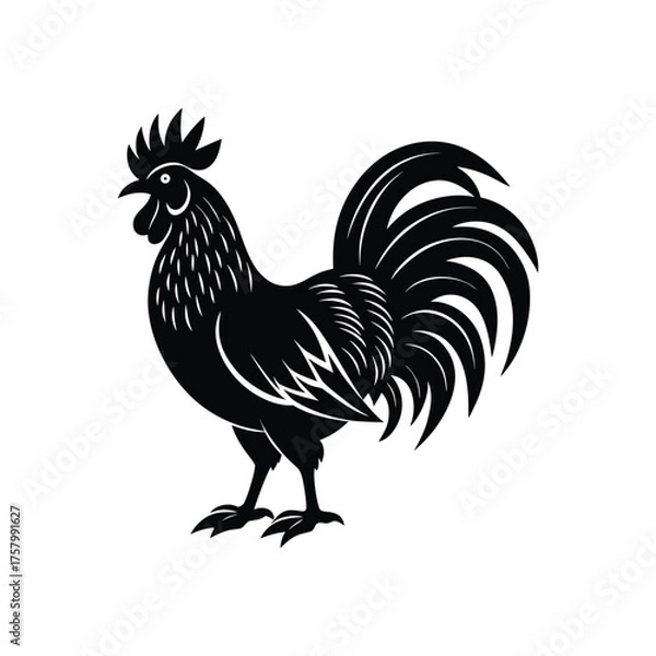 Fototapeta Vector art of black rooster facing side in retro woodcut style