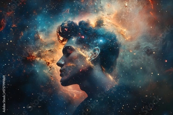 Fototapeta Surreal cosmic portrait of a woman blending with nebula and stardust