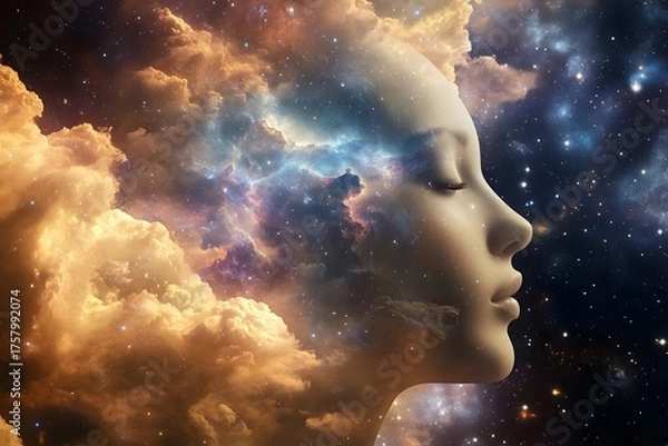 Fototapeta Abstract cosmic brain power concept of female head with bright light energy emanating