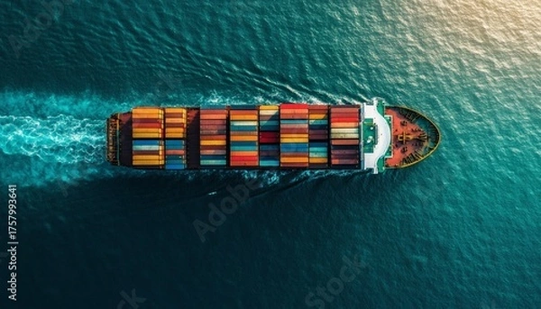 Fototapeta Container ship sailing on a teal ocean