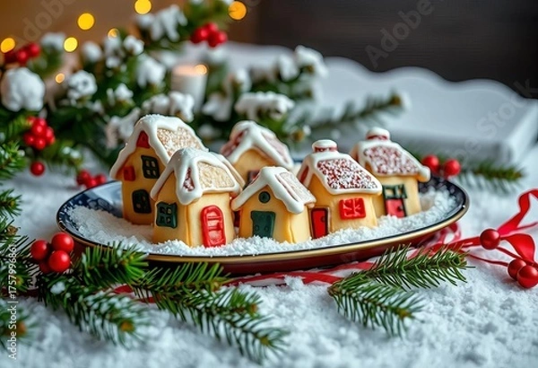 Obraz Cozy winter scene featuring a plate of iced sugar cookies shaped like houses, snow, and evergreen sprigs,  holiday baking,  dessert