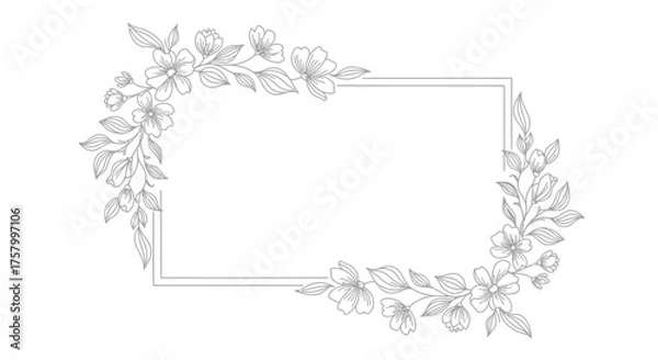 Fototapeta Elegant Floral Wreath Frame with Delicate Flowers and Leaves on Isolated White Background