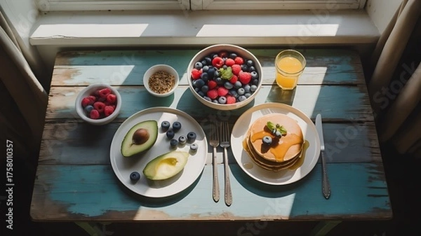 Obraz Healthy Breakfast Spread Featuring Fresh Fruits Avocado Pancakes and a Glass of Juice Bathed in Soft Morning Sunlight