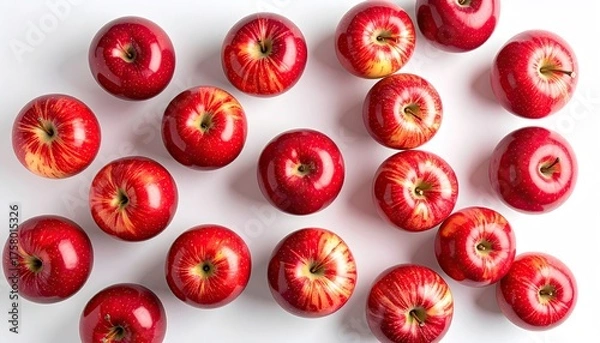 Fototapeta A Collection of Ripe Red Apples Scattered Across a Clean White Surface Offering a Fresh Healthy Food Concept