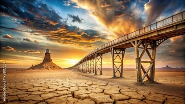 Fototapeta Arid landscape sunset vista featuring a long elevated bridge extending towards a solitary structure on a hill under a vibrant sky