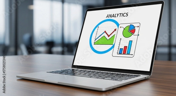 Fototapeta Laptop displaying analytics data on screen in a modern office setting
