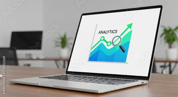 Fototapeta Laptop displaying analytics data on a wooden desk in a modern office