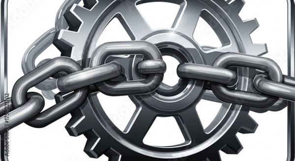 Fototapeta Interlocking metal chain and gear, symbol of connection