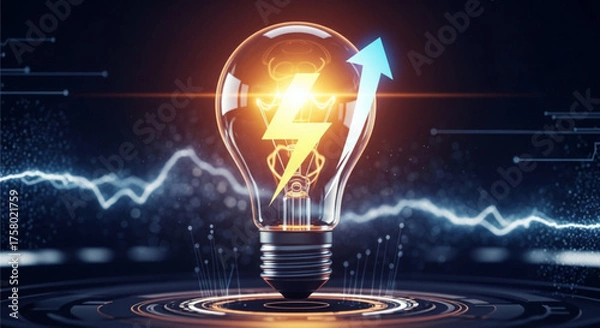 Fototapeta Light bulb with lightning bolt and arrow, symbolizing energy and innovation