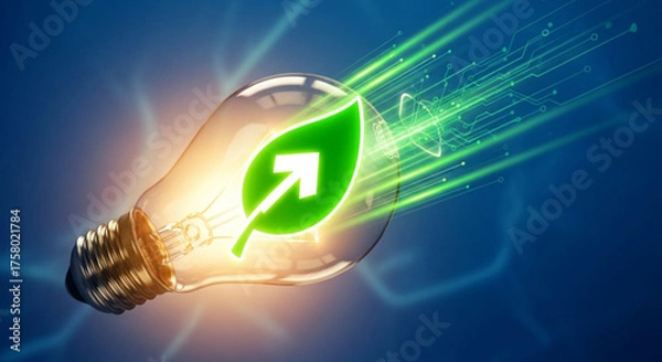 Fototapeta A light bulb with a green leaf and arrow, symbolizing ecofriendly energy