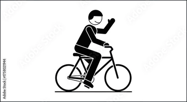Fototapeta Stick Figure Riding Bicycle and Waving Hand Black and White Illustration.