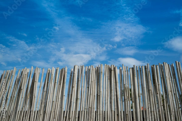 Fototapeta Bamboo fence that made from dried wood with blue sky background.