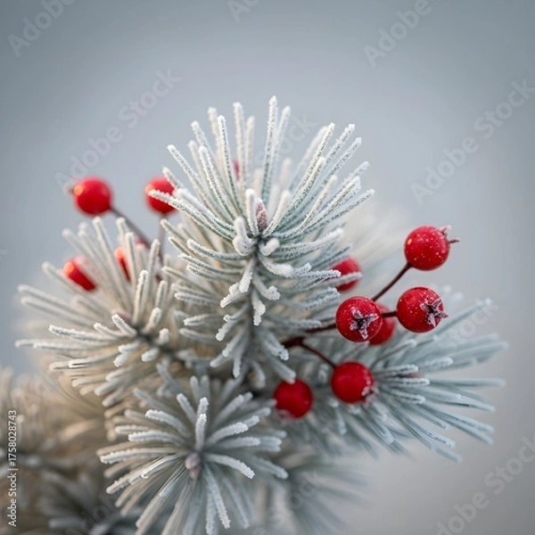 Obraz Frosted Pine Branch with Vibrant Red Berries