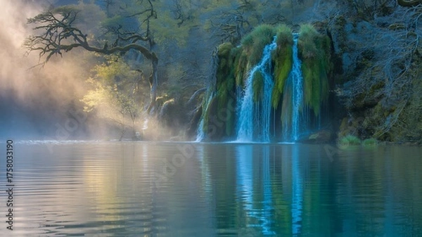 Obraz Serene Waterfall and Lake Scene at Plitvice Lakes National Park Croatia a Beautiful and Tranquil Landscape with Mist Sunlight Trees and Lush Green Moss