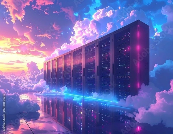 Obraz Futuristic server racks float above a reflective surface, sky backdrop