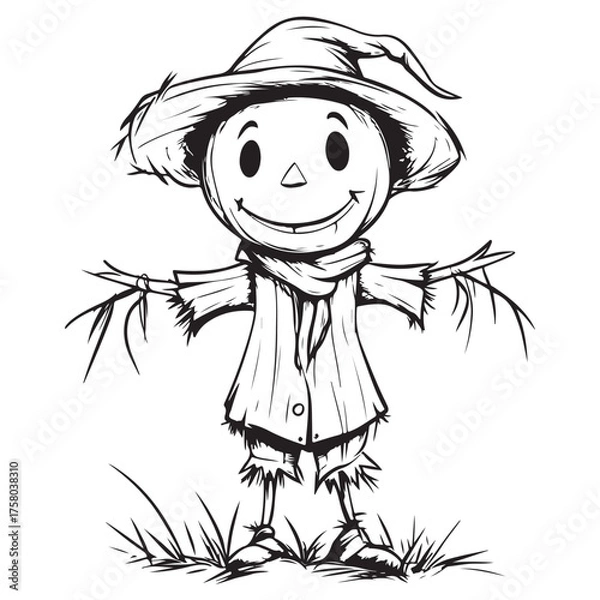Fototapeta Scary halloween scarecrow silhouette vector for decoration editable vector Line art illustration of a scarecrow with a menacing carved pumpkin face, wearing patched clothing and a hat. 