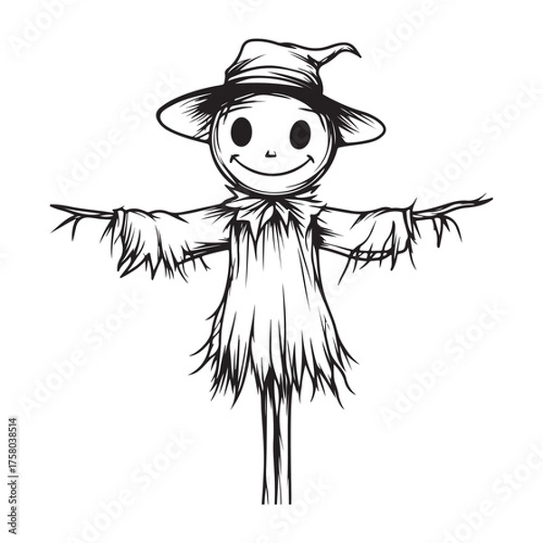 Fototapeta Scary halloween scarecrow silhouette vector for decoration editable vector Line art illustration of a scarecrow with a menacing carved pumpkin face, wearing patched clothing and a hat. 