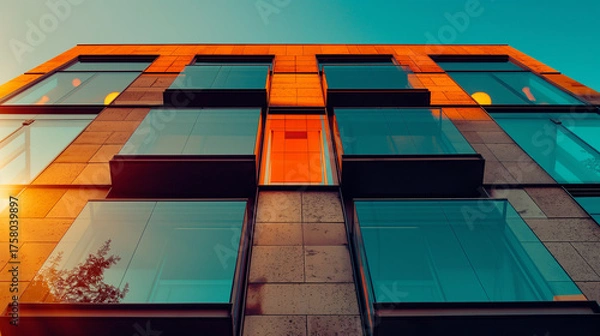 Fototapeta Architectural perspective of a modern building glowing under warm sunlight. Symmetrical lines and golden reflections represent sophistication, design precision, and corporate elegance.