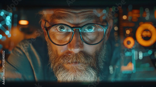 Fototapeta Close-up of a data analyst looking at digital dashboards. Concept of artificial intelligence, financial analysis, and data-driven decision-making. Warm lighting and a technological atmosphere.