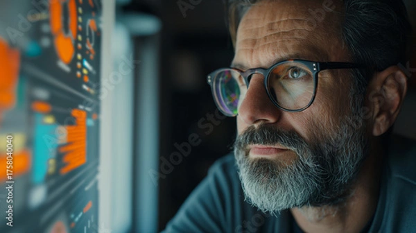 Fototapeta Portrait of a mature business consultant analyzing digital charts on a holographic screen. Concept of business strategy. Modern environment with blue and orange lighting reflecting innovation.
