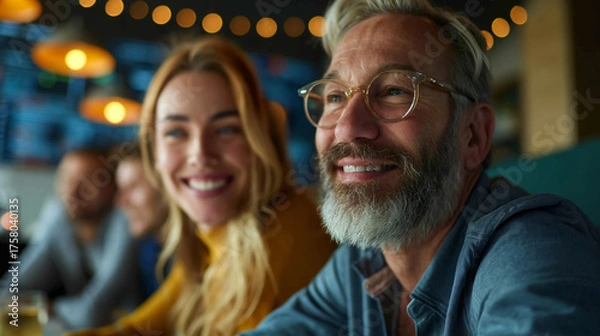 Fototapeta Relaxed workgroup meeting. After-hours concept at a bar. Business conversation in a friendly setting.
