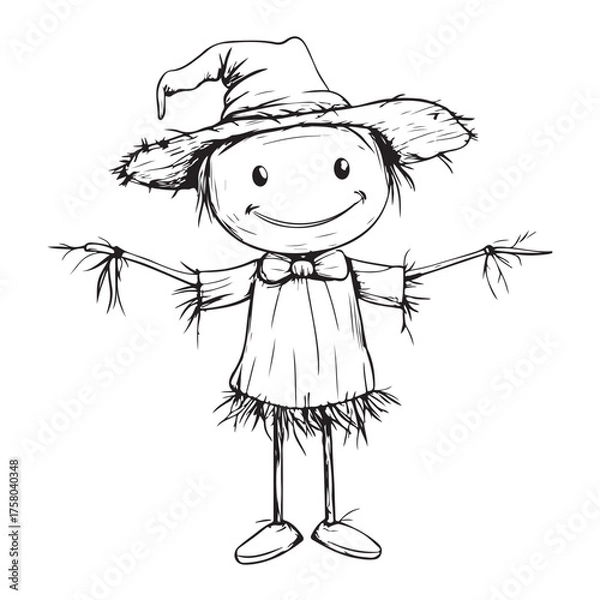Fototapeta Scary halloween scarecrow silhouette vector for decoration editable vector Line art illustration of a scarecrow with a menacing carved pumpkin face, wearing patched clothing and a hat. 