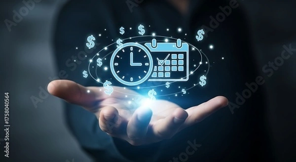 Obraz Open palm holding a glowing digital icon of a clock and calendar surrounded by dollar signs