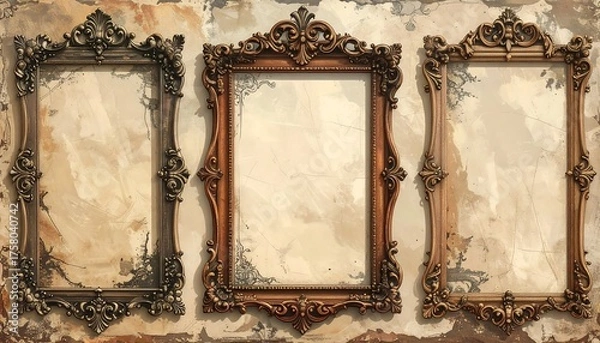 Fototapeta Three Ornate Frames on Textured Wall - Vintage Decor.