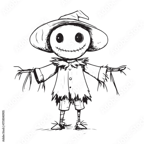 Fototapeta Scary halloween scarecrow silhouette vector for decoration editable vector Line art illustration of a scarecrow with a menacing carved pumpkin face, wearing patched clothing and a hat. 